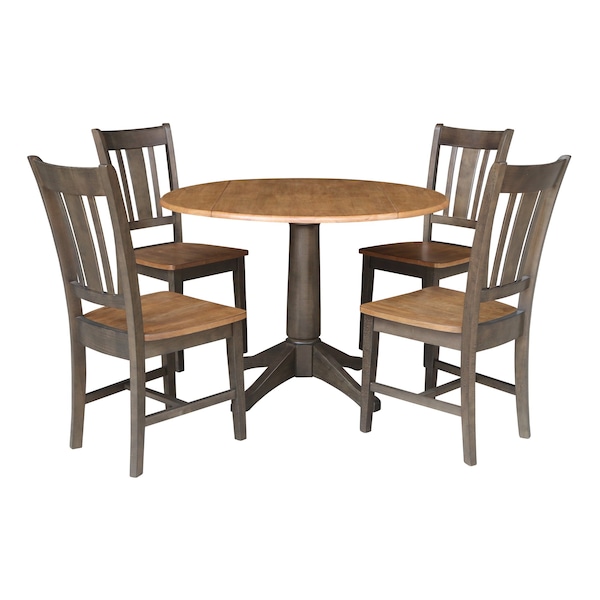 International Concepts Round Round 42 in. Dual Drop Leaf Dining Table with 4 Splatback Chairs in Hickory/Washed Coal, Wood K45-42DPT-27B-C10-4 - main